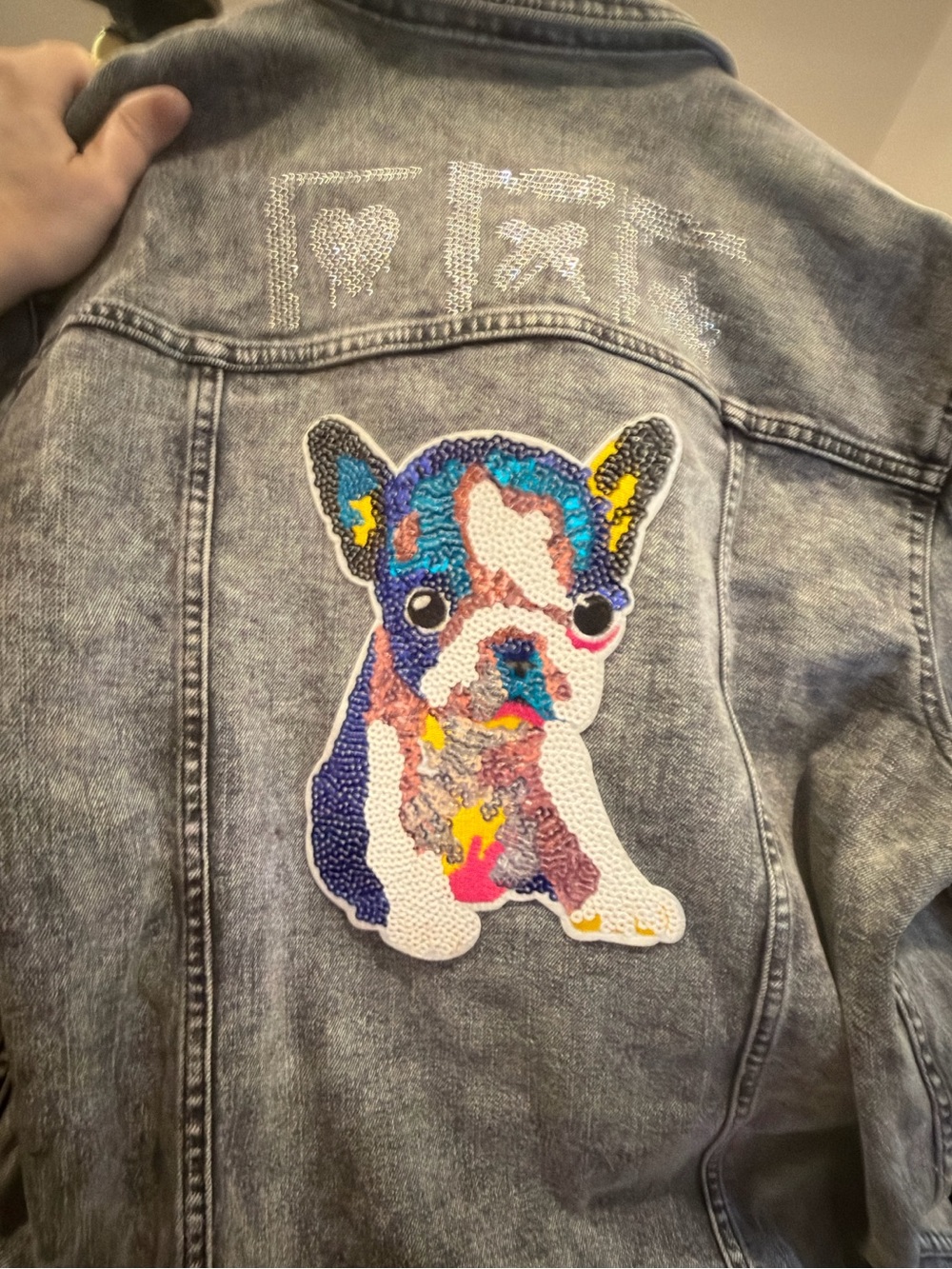 New! XL Black Denim Jean Jacket handmade. French Bulldog Patch with crystals.
